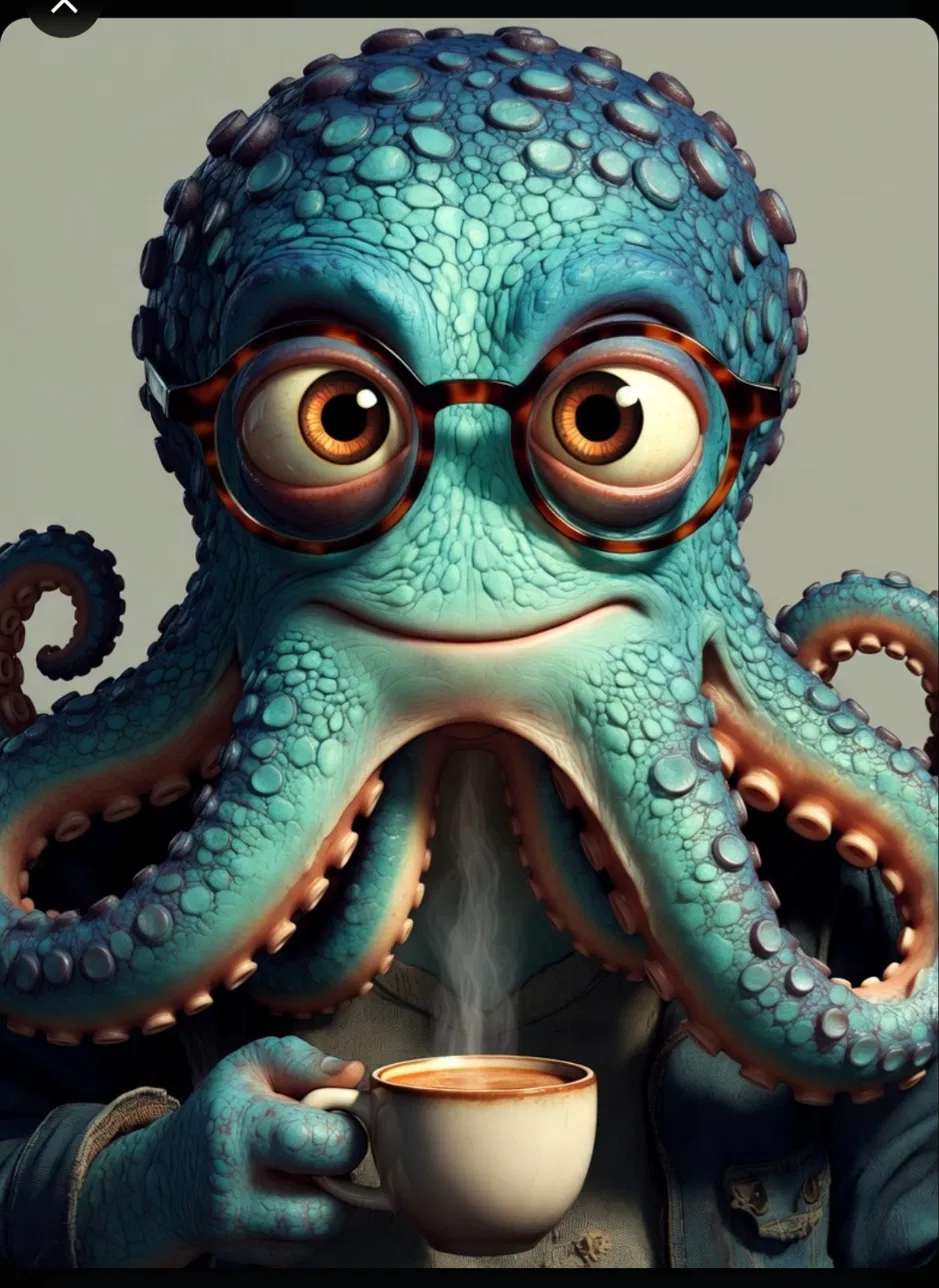 Cato, a deep teal octopus wearing round tortoiseshell glasses, holding a coffee cup